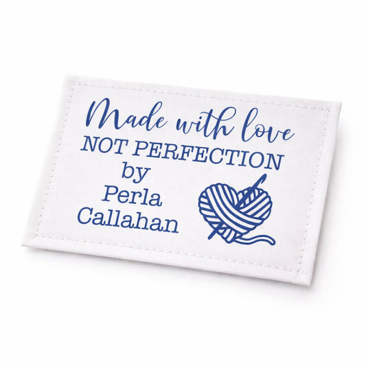 Personalized Crochet Project Label – Made With Love Not Perfection – Custom Yarn Heart Crochet Label – Cotton or Polyester Sewing Label - Jammin Threads