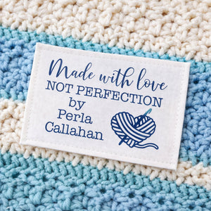 Personalized Crochet Project Label – Made With Love Not Perfection – Custom Yarn Heart Crochet Label – Cotton or Polyester Sewing Label - Jammin Threads