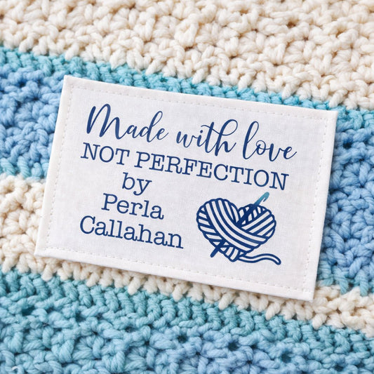 Personalized Crochet Project Label – Made With Love Not Perfection – Custom Yarn Heart Crochet Label – Cotton or Polyester Sewing Label - Jammin Threads