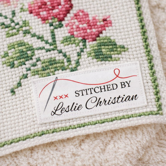 Personalized Cross Stitch Labels – Stitched By Custom Sewing Labels – Cross Stitch Maker Tag with Name – 3x1 Sewing Labels (10 per Sheet) - Jammin Threads