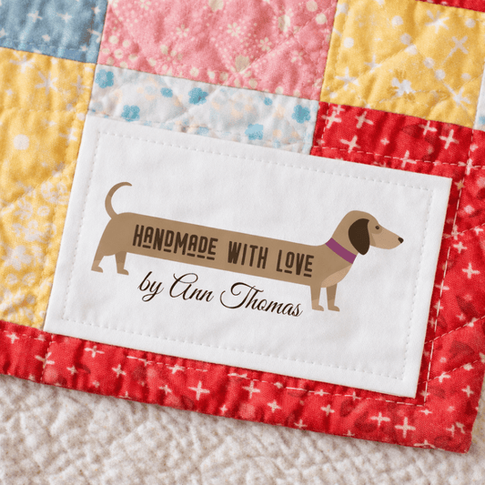 Personalized Dachshund Quilt Labels – Handmade with Love Fabric Labels – Custom Quilt Tag – 8 Per Sheet - Jammin Threads