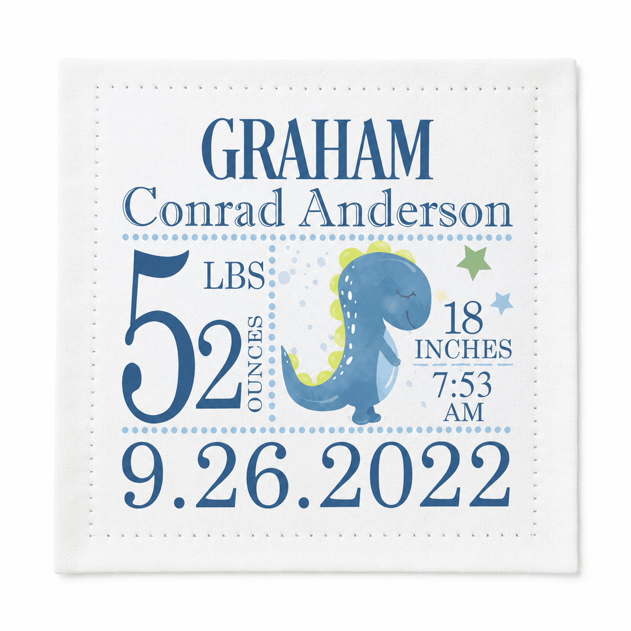 Personalized Dinosaur Birth Announcement Quilt Label – Custom Baby Quilt Block Label - Jammin Threads