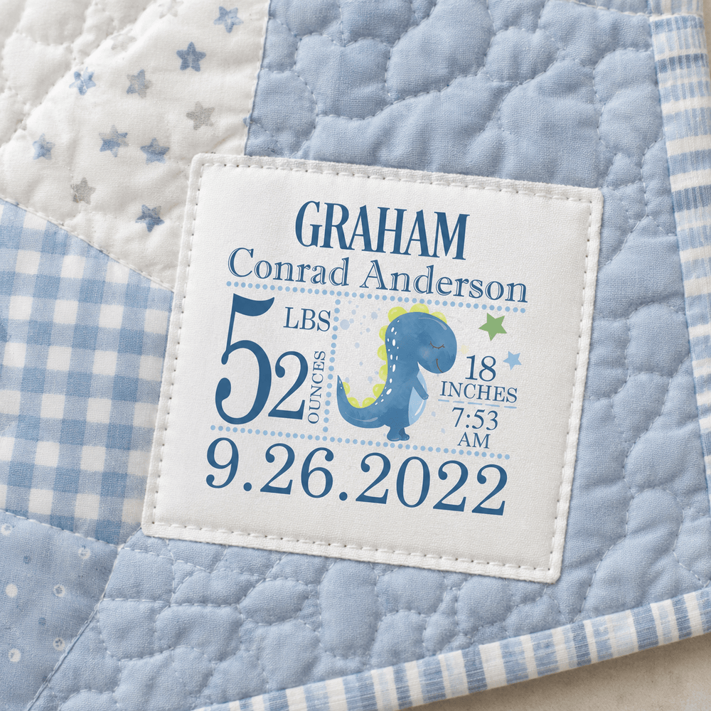 Personalized Dinosaur Birth Announcement Quilt Label – Custom Baby Quilt Block Label - Jammin Threads