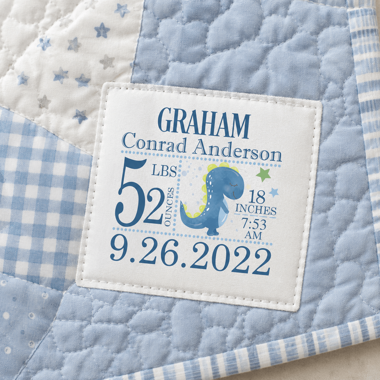 Personalized Dinosaur Birth Announcement Quilt Label – Custom Baby Quilt Block Label - Jammin Threads