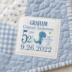 Personalized Dinosaur Birth Announcement Quilt Label – Custom Baby Quilt Block Label - Jammin Threads