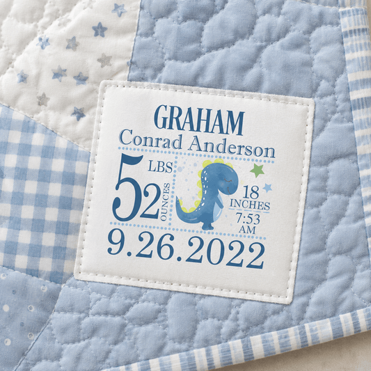Personalized Dinosaur Birth Announcement Quilt Label – Custom Baby Quilt Block Label - Jammin Threads