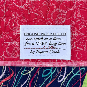 Personalized English Paper Pieced Quilt Label – One Stitch at a Time – EPP Quilt Tag – 8 Per Sheet – 2.75” x 1.5” Cotton or Poly - Jammin Threads