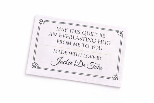 Personalized “Everlasting Hug” Quilt Label – Custom Made with Love Quilt Label with Maker Name – Cotton or Polyester – 2 x 2.75" – Sheet of 6 – Jammin’ Threads - Jammin Threads