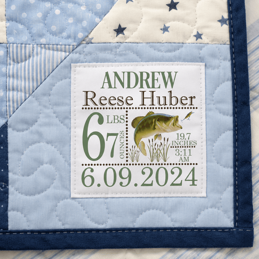 Personalized Fishing Baby Quilt Label | Bass Fish Birth Announcement Quilt Label | Custom Baby Quilt Tag with Birth Stats - Jammin Threads