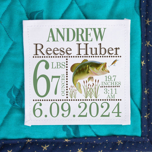 Personalized Fishing Baby Quilt Label | Bass Fish Birth Announcement Quilt Label | Custom Baby Quilt Tag with Birth Stats - Jammin Threads