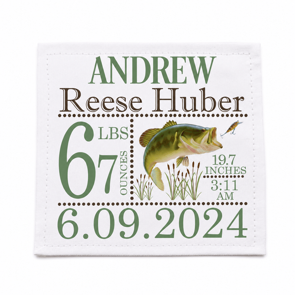 Personalized Fishing Baby Quilt Label | Bass Fish Birth Announcement Quilt Label | Custom Baby Quilt Tag with Birth Stats - Jammin Threads