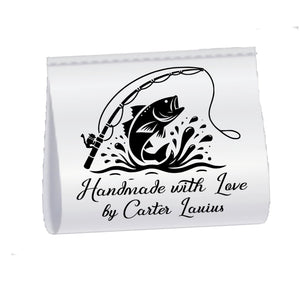Personalized Fishing Quilt Tag, Custom Satin Fold Over Label with Fish Design 2 x 1.5 Inch - Jammin Threads
