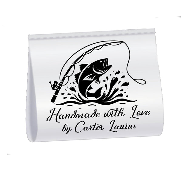 Personalized Fishing Quilt Tag, Custom Satin Fold Over Label with Fish Design 2 x 1.5 Inch - Jammin Threads