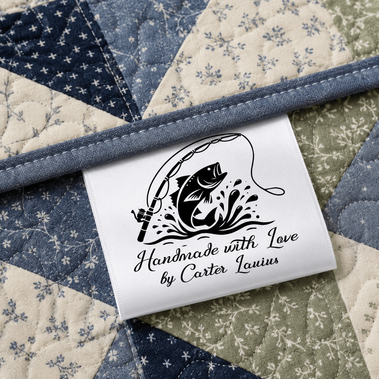 Personalized Fishing Quilt Tag, Custom Satin Fold Over Label with Fish Design 2 x 1.5 Inch - Jammin Threads