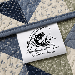 Personalized Fishing Quilt Tag, Custom Satin Fold Over Label with Fish Design 2 x 1.5 Inch - Jammin Threads