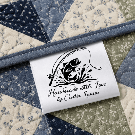 Personalized Fishing Quilt Tag, Custom Satin Fold Over Label with Fish Design 2 x 1.5 Inch - Jammin Threads