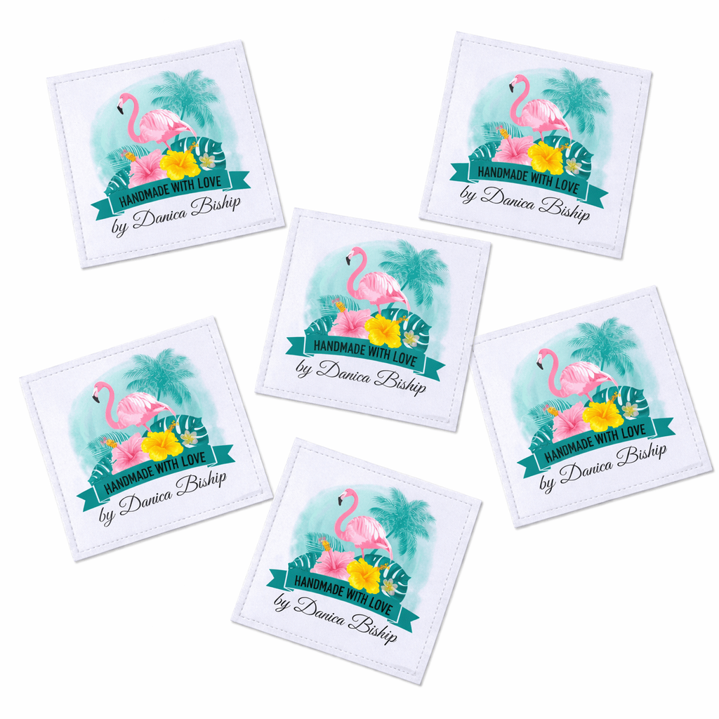 Personalized Flamingo Quilt Labels – Beach Theme “Handmade with Love” Custom Quilt Label with Name, 2.5” Square Fabric Labels (Set of 6) - Jammin Threads