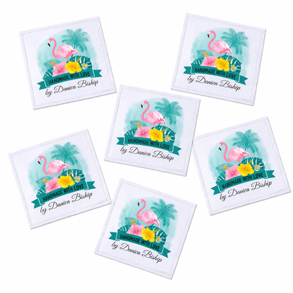Personalized Flamingo Quilt Labels – Beach Theme “Handmade with Love” Custom Quilt Label with Name, 2.5” Square Fabric Labels (Set of 6) - Jammin Threads