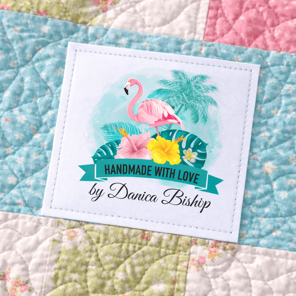 Personalized Flamingo Quilt Labels – Beach Theme “Handmade with Love” Custom Quilt Label with Name, 2.5” Square Fabric Labels (Set of 6) - Jammin Threads