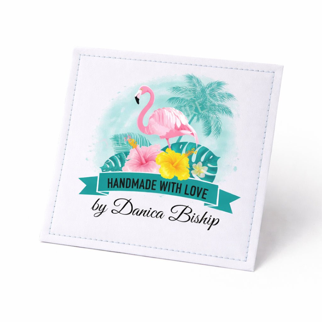Personalized Flamingo Quilt Labels – Beach Theme “Handmade with Love” Custom Quilt Label with Name, 2.5” Square Fabric Labels (Set of 6) - Jammin Threads