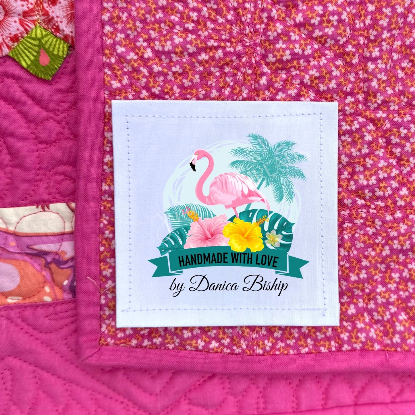 Personalized Flamingo Quilt Labels – Beach Theme “Handmade with Love” Custom Quilt Label with Name, 2.5” Square Fabric Labels (Set of 6) - Jammin Threads