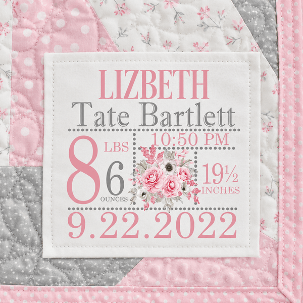 Personalized Floral Baby Birth Stats Quilt Label - 5 x 5" - Jammin Threads