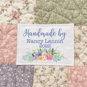 Personalized Floral Quilt Label – Handmade By Custom Name & Year – Cotton or Polyester - Jammin Threads
