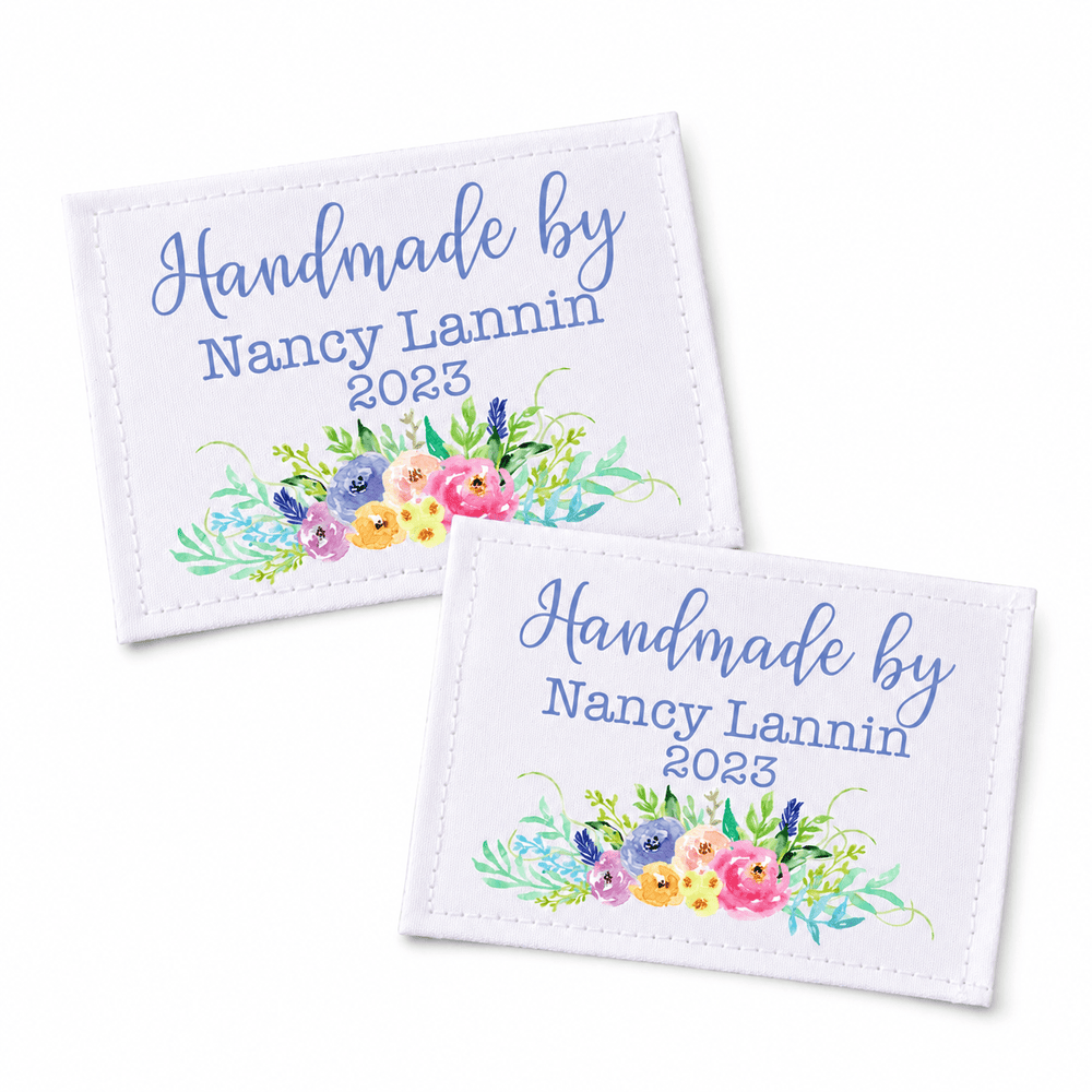Personalized Floral Quilt Label – Handmade By Custom Name & Year – Cotton or Polyester - Jammin Threads