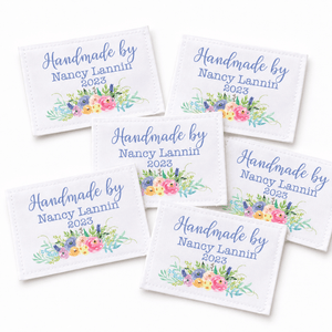 Personalized Floral Quilt Label – Handmade By Custom Name & Year – Cotton or Polyester - Jammin Threads