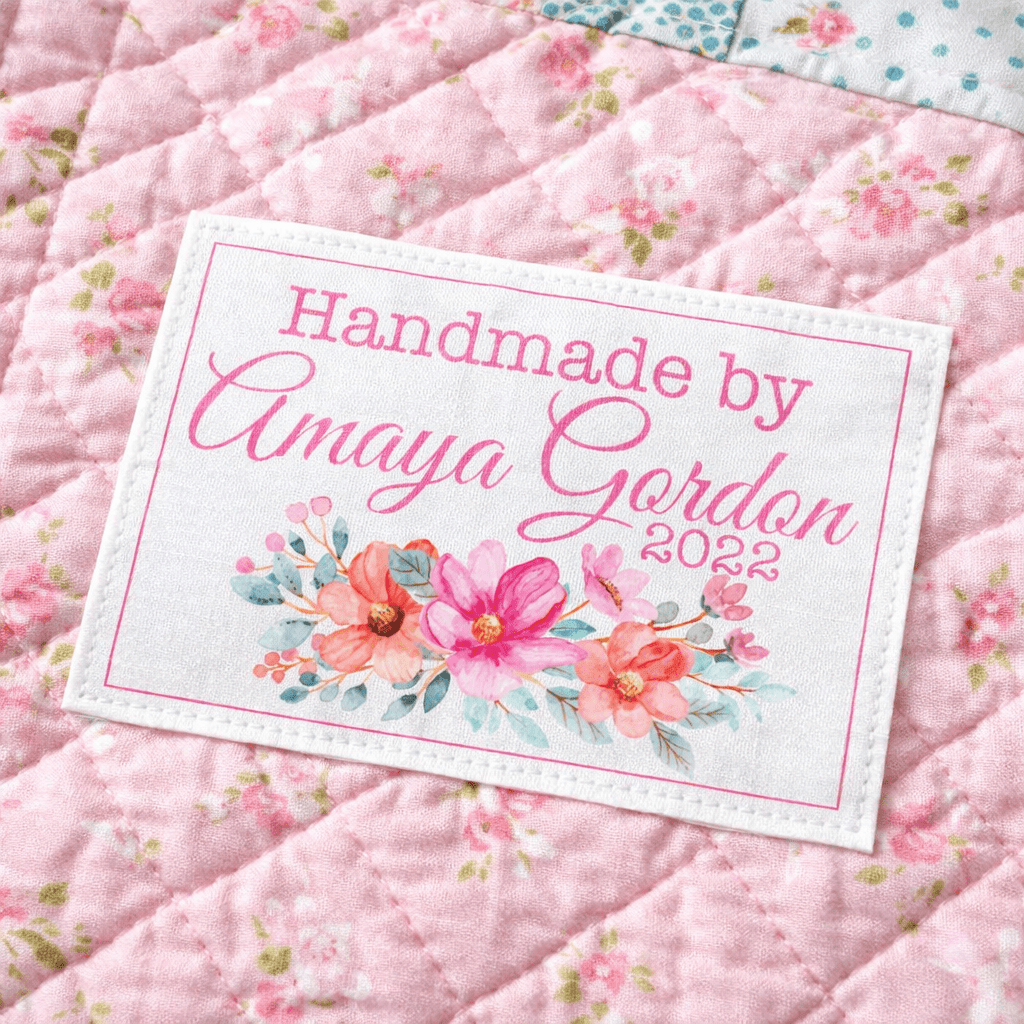 Personalized Floral Quilt Label – Pink Flower Quilt Tag – Custom Handmade By Label – 6 Per Sheet - Jammin Threads