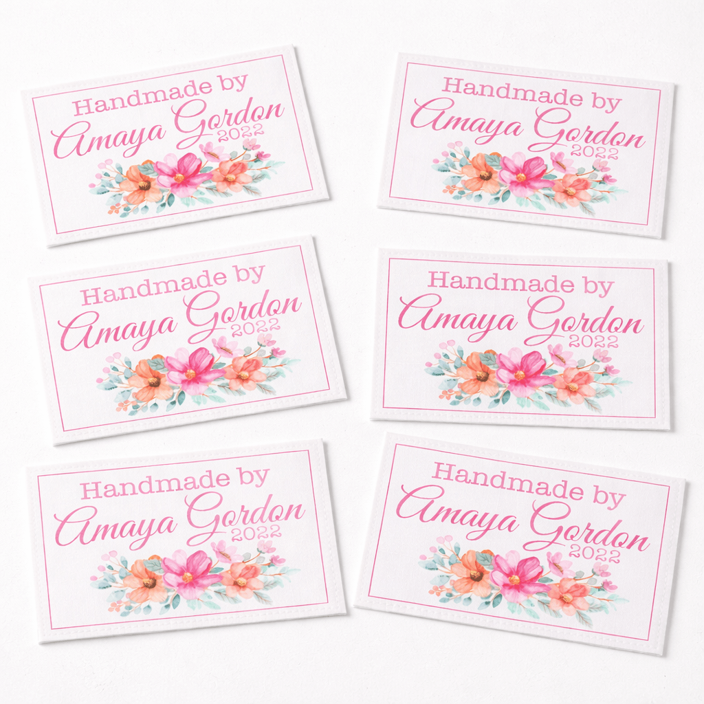 Personalized Floral Quilt Label – Pink Flower Quilt Tag – Custom Handmade By Label – 6 Per Sheet - Jammin Threads