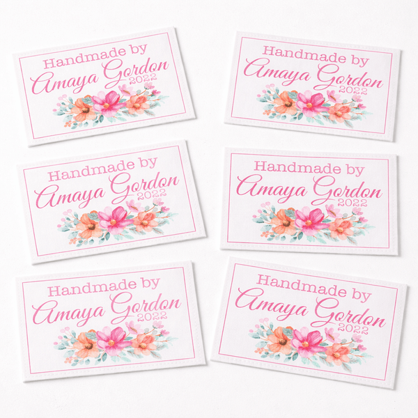 Personalized Floral Quilt Label – Pink Flower Quilt Tag – Custom Handmade By Label – 6 Per Sheet - Jammin Threads
