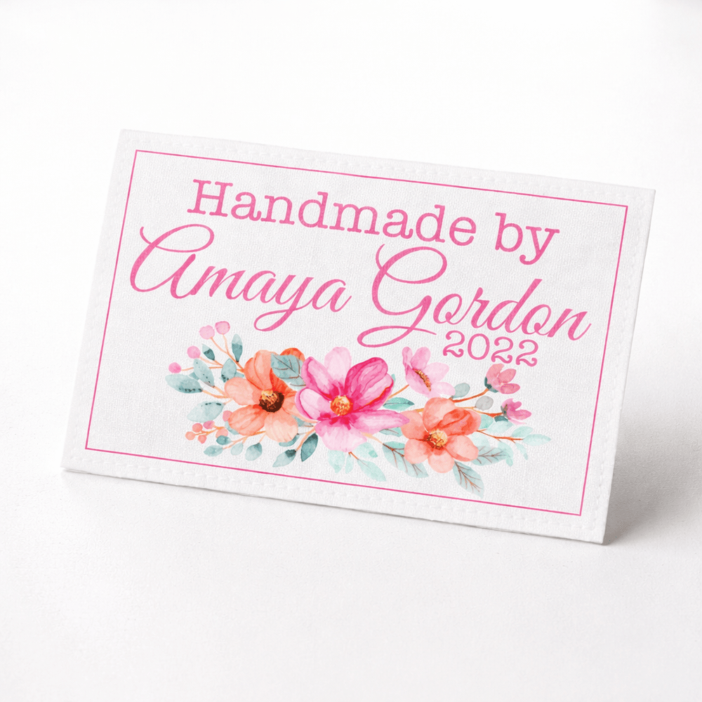 Personalized Floral Quilt Label – Pink Flower Quilt Tag – Custom Handmade By Label – 6 Per Sheet - Jammin Threads