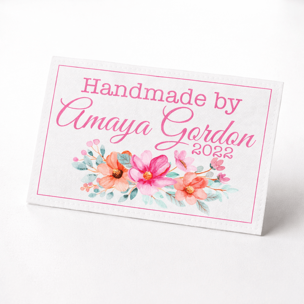Personalized Floral Quilt Label – Pink Flower Quilt Tag – Custom Handmade By Label – 6 Per Sheet - Jammin Threads