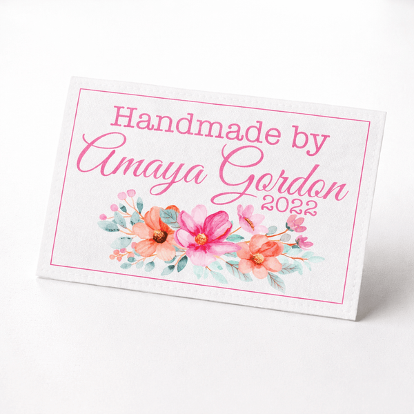 Personalized Floral Quilt Label – Pink Flower Quilt Tag – Custom Handmade By Label – 6 Per Sheet - Jammin Threads