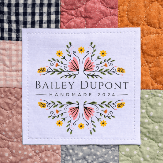 Personalized Floral Quilt Label with Name and Year – Custom Quilt Tag – Professional Handmade Quilt Label – 2.5” Quilt Label - Jammin Threads