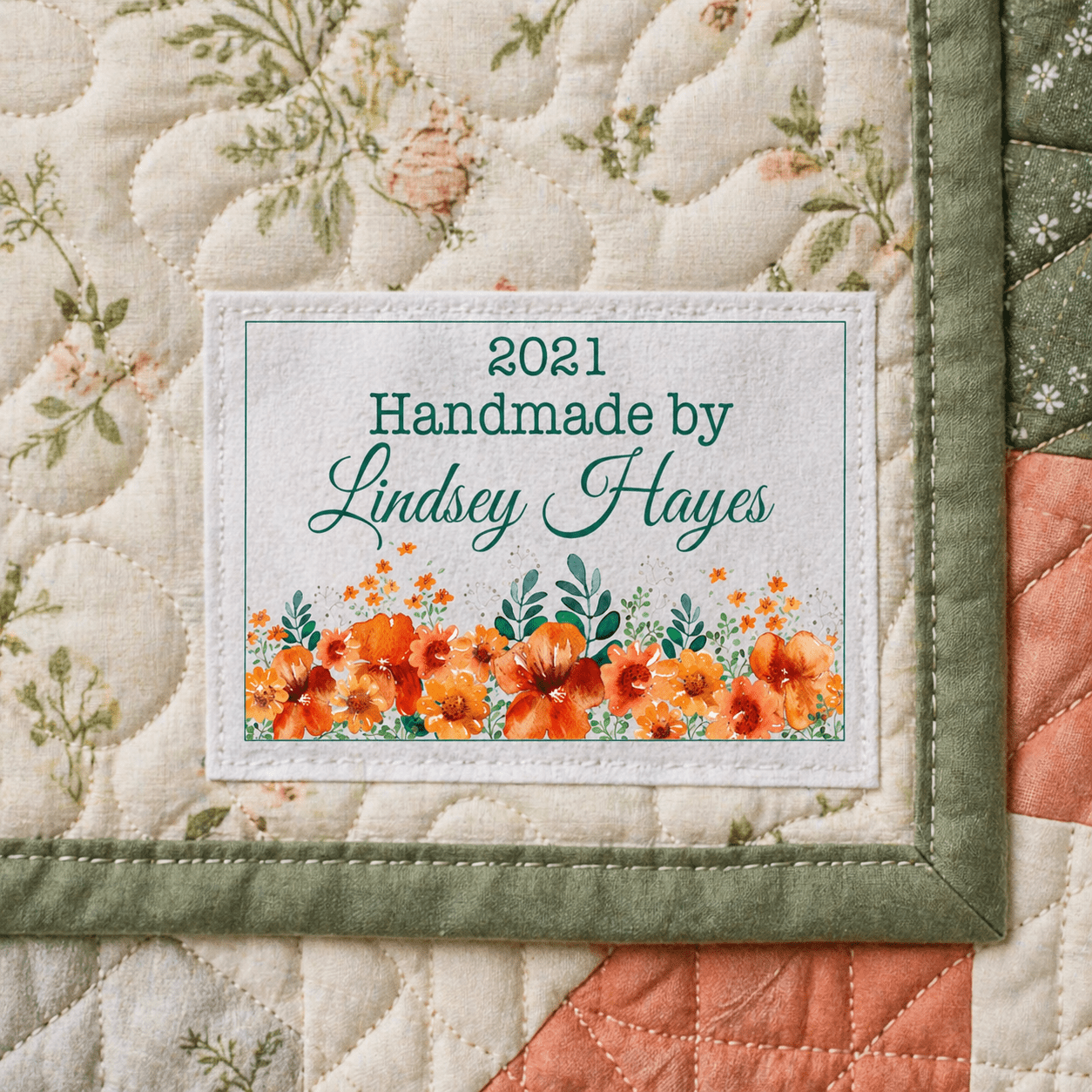 Personalized Floral Quilt Labels – Emerald Green & Orange Flower Design | Custom Maker Name & Year | 6 Labels Per Sheet Cotton or Polyester - Jammin Threads