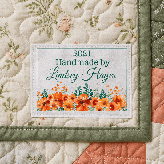 Personalized Floral Quilt Labels – Emerald Green & Orange Flower Design | Custom Maker Name & Year | 6 Labels Per Sheet Cotton or Polyester - Jammin Threads