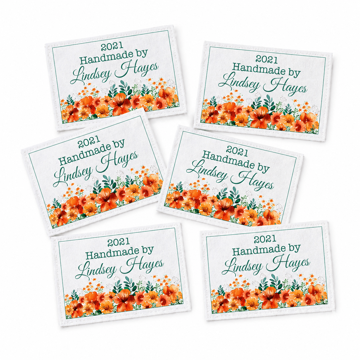 Personalized Floral Quilt Labels – Emerald Green & Orange Flower Design | Custom Maker Name & Year | 6 Labels Per Sheet Cotton or Polyester - Jammin Threads