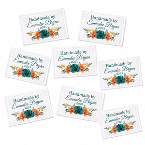 Personalized Floral Quilt Labels – Emerald Green & Orange Flowers - Jammin Threads