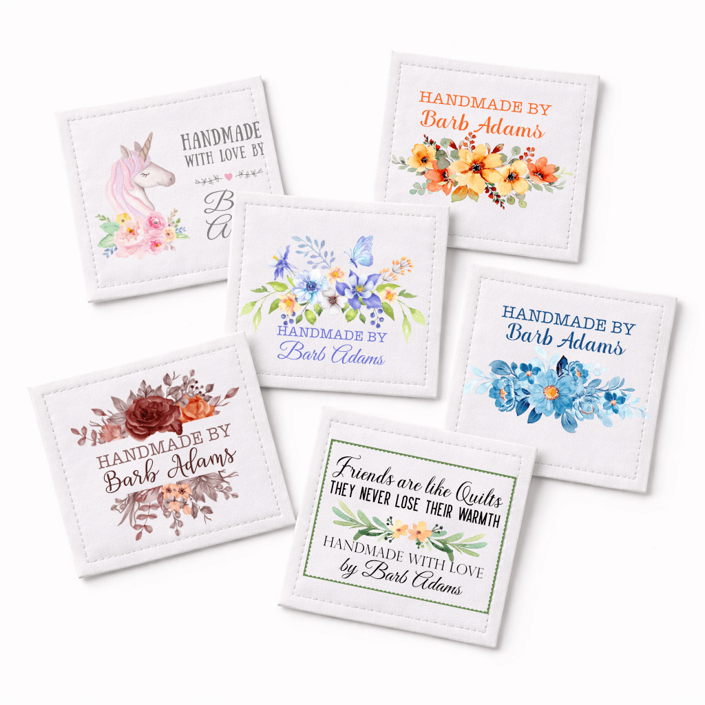 Personalized Floral Quilt Labels – Set of 6 Custom Quilt Tags with Name | Cotton or Polyester Sewing Labels - Jammin Threads