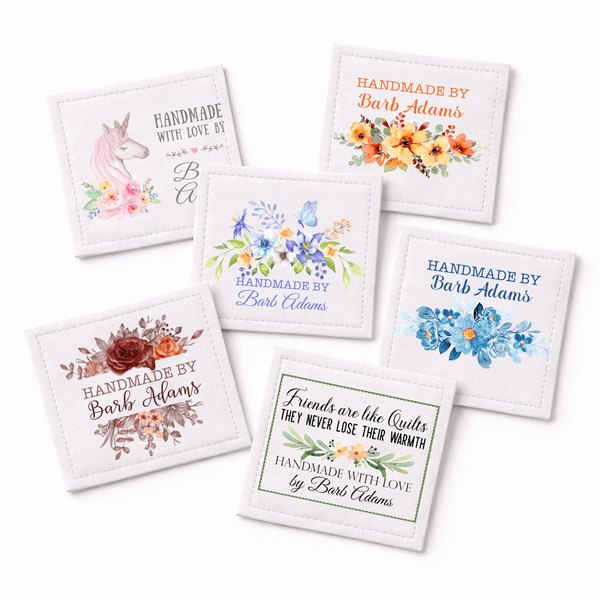 Personalized Floral Quilt Labels – Set of 6 Custom Quilt Tags with Name | Cotton or Polyester Sewing Labels - Jammin Threads