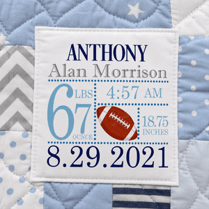 Personalized Football Baby Birth Announcement Quilt Label - Jammin Threads