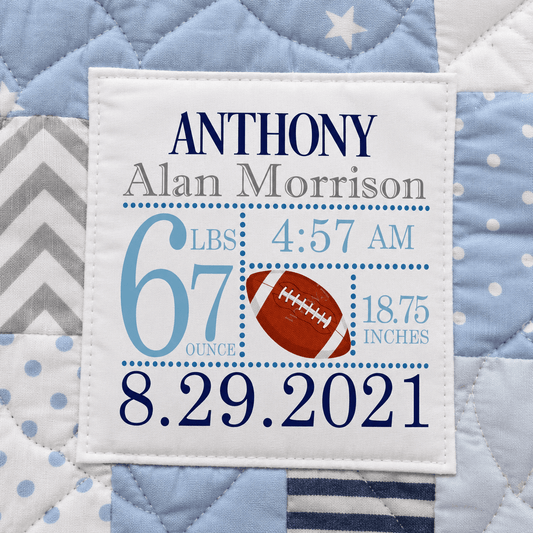 Personalized Football Baby Birth Announcement Quilt Label - Jammin Threads