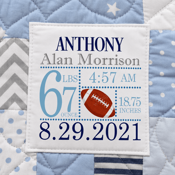 Personalized Football Baby Birth Announcement Quilt Label - Jammin Threads