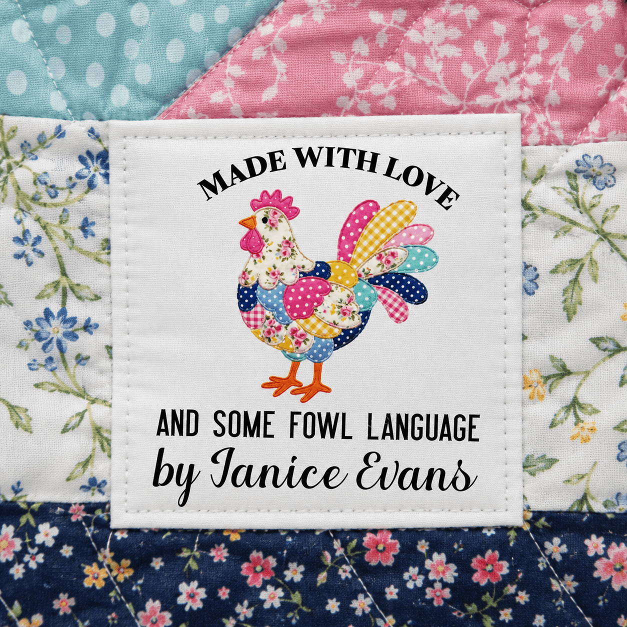 Personalized Funny Chicken Quilt Labels – “Handmade With Love and Some Fowl Language” – Custom Quilt Tags – 6 Per Sheet - Jammin Threads