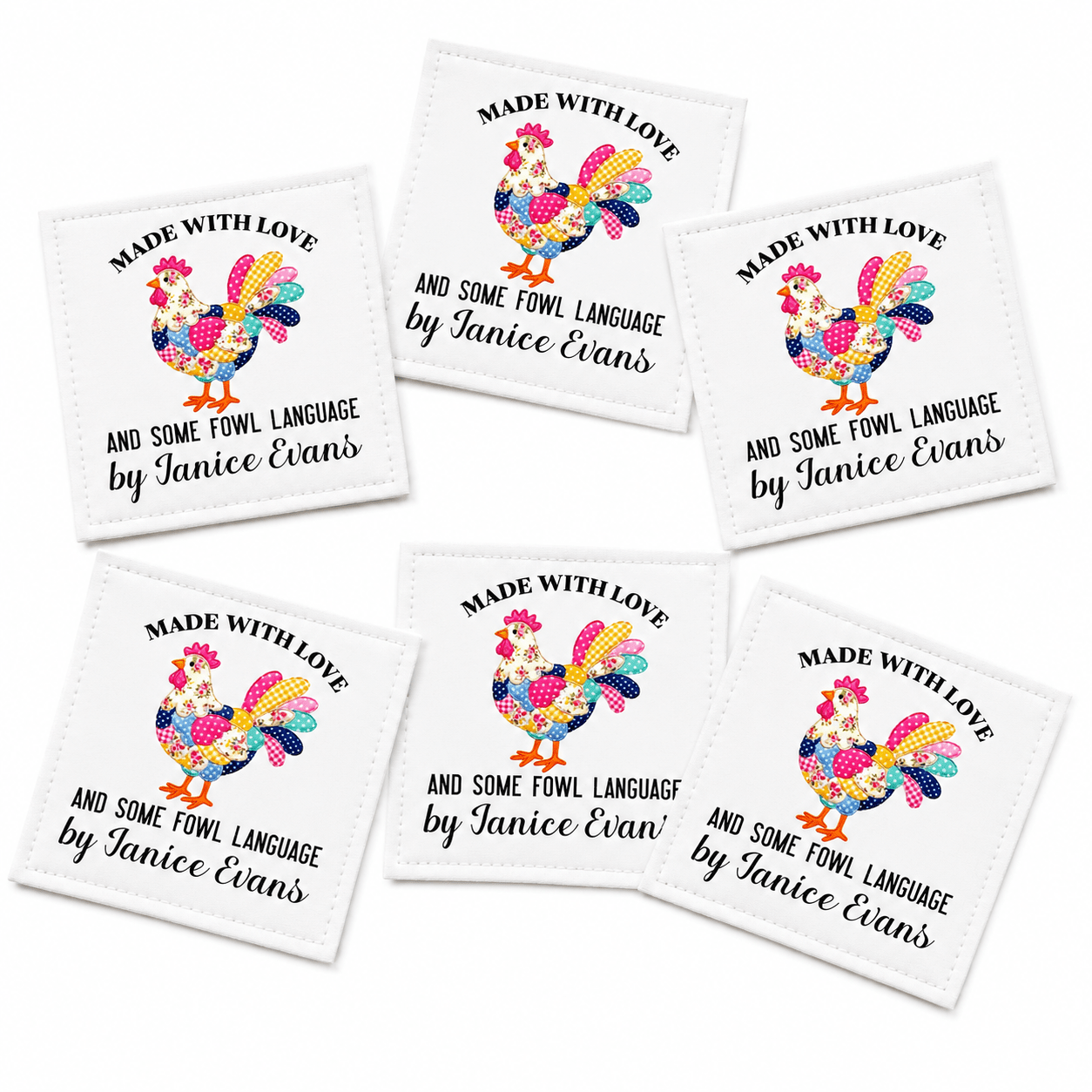 Personalized Funny Chicken Quilt Labels – “Handmade With Love and Some Fowl Language” – Custom Quilt Tags – 6 Per Sheet - Jammin Threads