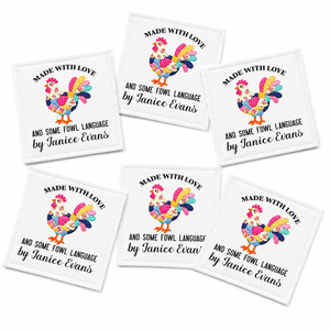 Personalized Funny Chicken Quilt Labels – “Handmade With Love and Some Fowl Language” – Custom Quilt Tags – 6 Per Sheet - Jammin Threads