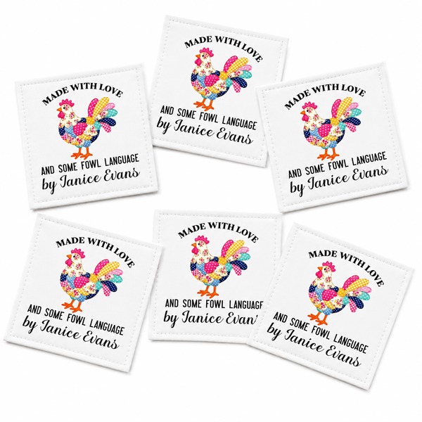 Personalized Funny Chicken Quilt Labels – “Handmade With Love and Some Fowl Language” – Custom Quilt Tags – 6 Per Sheet - Jammin Threads