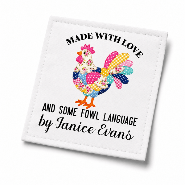 Personalized Funny Chicken Quilt Labels – “Handmade With Love and Some Fowl Language” – Custom Quilt Tags – 6 Per Sheet - Jammin Threads